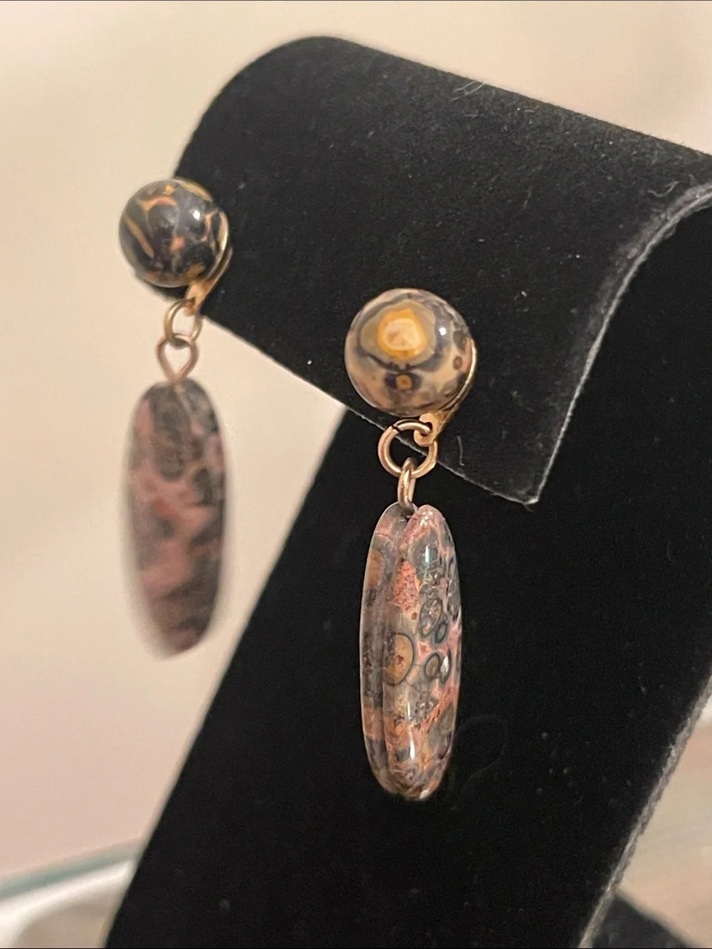 Vintage Leopard Skin Jasper Oval Dangle Drop Earrings Ball/Post Convertible